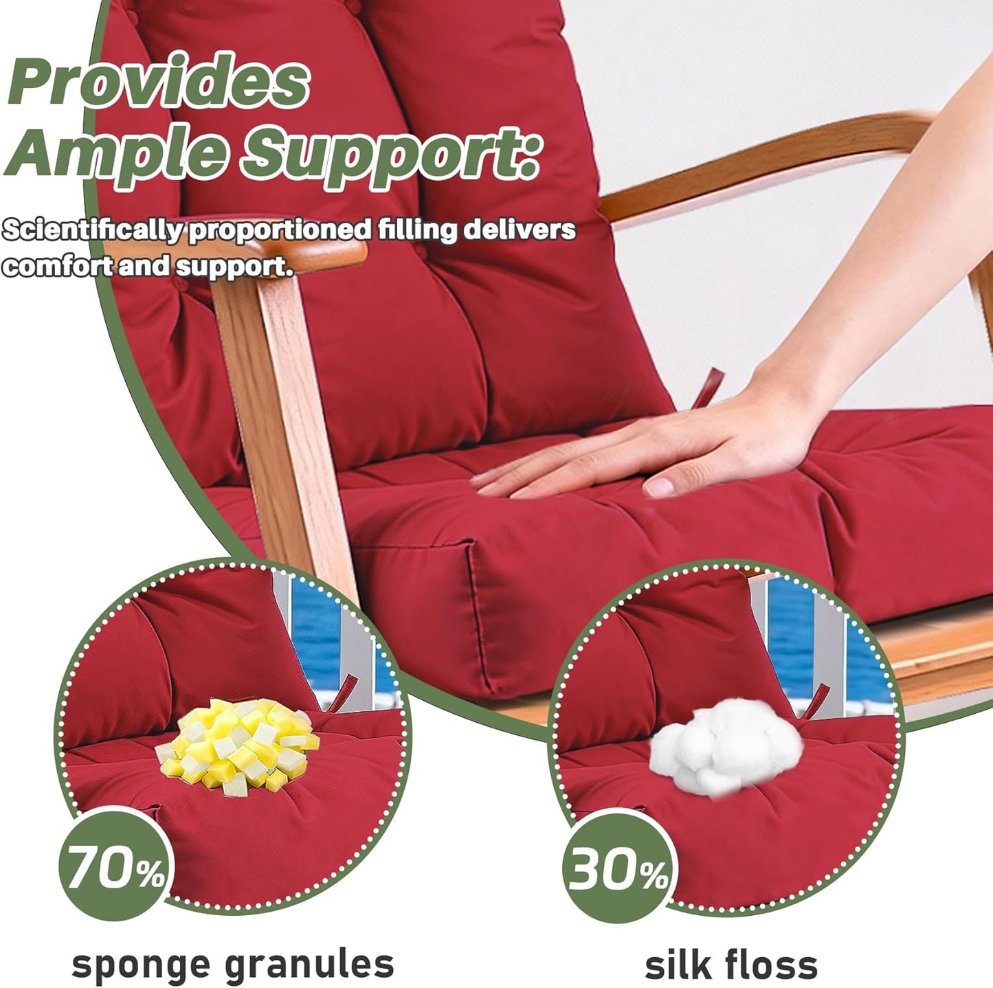 Rocking Chair Cushion with Ties Non-Slip Outdoor Rocking Chair Cushion Set Waterproof Fade-Resistant Porch Garden Patio Glider Rocker Cushions