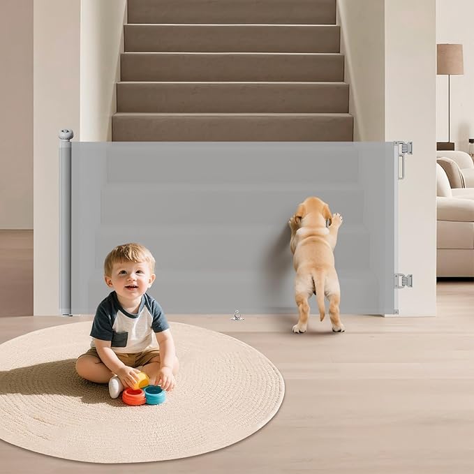 Retractable Mesh Baby Gate for Large Openings - 34" Tall Extends to 71", Stair Gate with Anti-Crawling Hook and Adjustable Baseboard Bracket, Baby Gate for Stairs, Doorways, Gray