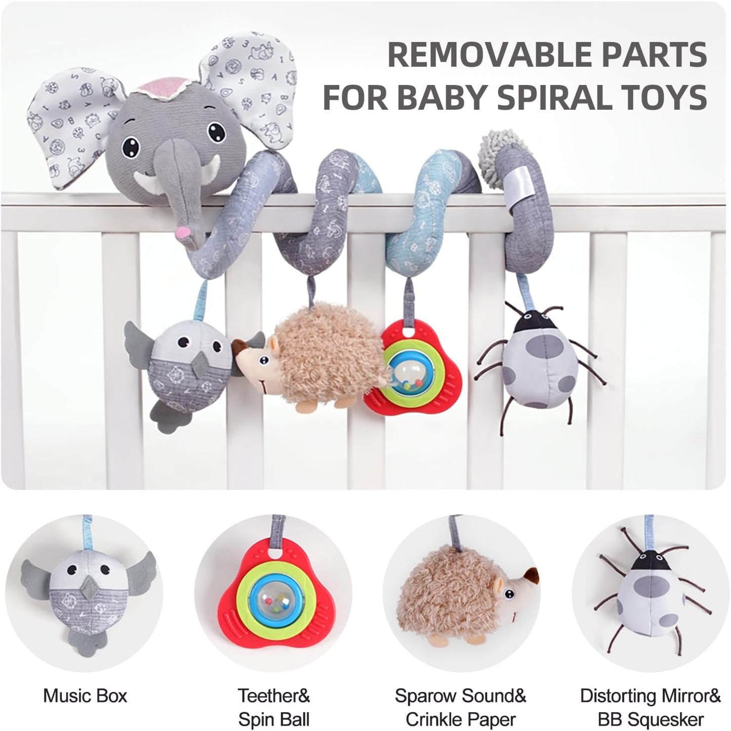 Koty Car Seat Toys, Infant Baby Spiral Plush Activity Hanging Toy for Stroller Bar Pram Crib with Music Box BB Squeaker & Rattles(Black Fox)