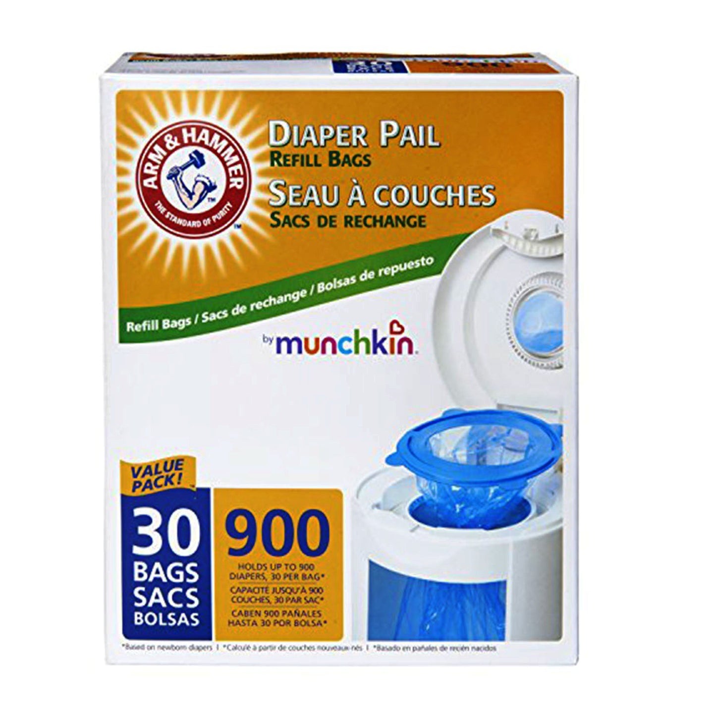 Munchkin Arm & Hammer Diaper Pail Snap, Seal and Toss Refill Bags, 900 Count, 30 Pack