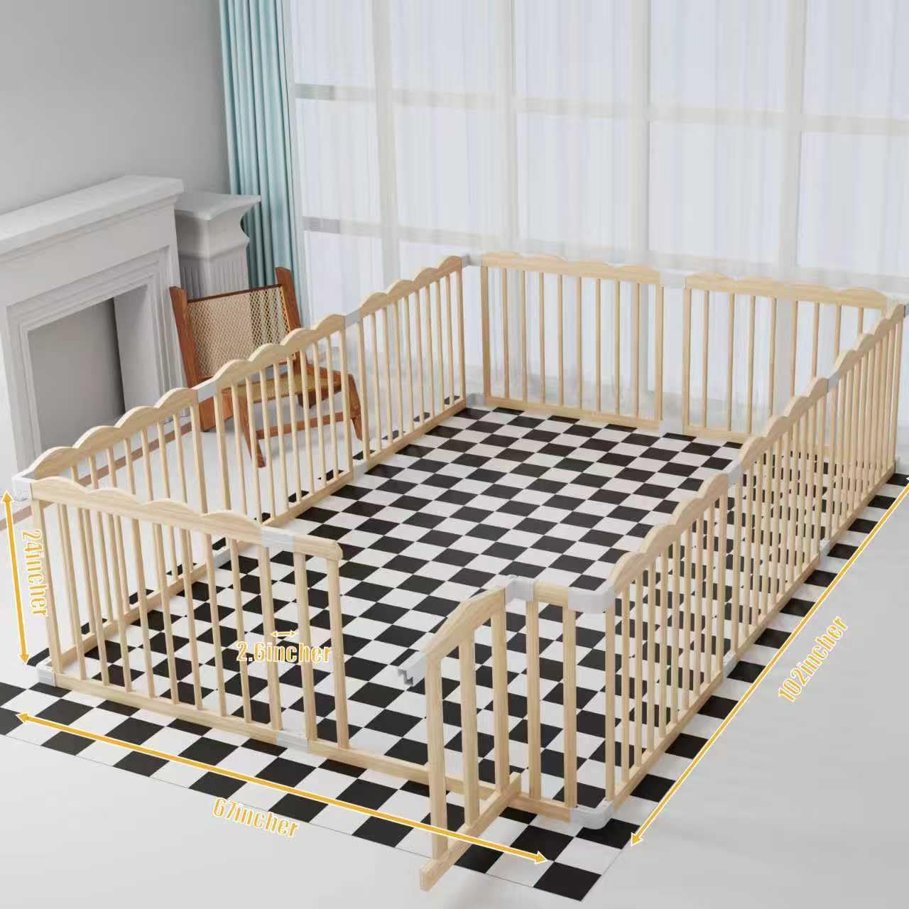 Baby Playpen, Wooden Playpen for Babies and Toddlers, Large Adjustable Wooden Baby Playard with Locking Gate, Easy to Assemble, Portable Play Pen, Infant Play Pen Play Area(47x62x24 Inch)