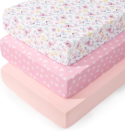 PHF 3 Pack Soft Mini Crib Sheets, Floral & Animal Pack N Play Sheets for Baby Boys Girls, No Slip Universal Fit for Pack N Play, Playard, Portable and Mini Crib Mattresses,Floral & Animal