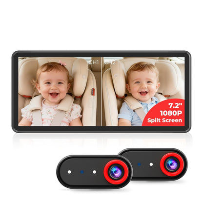 LUCKVIEW BM5PRO 7.2" Dual Camera Baby Monitor, 1080P HD Display for 2 Kids, Night Vision, Easy Install Car Baby Monitor, Ideal Gift, Rear Seat Safety for Babies & Pets