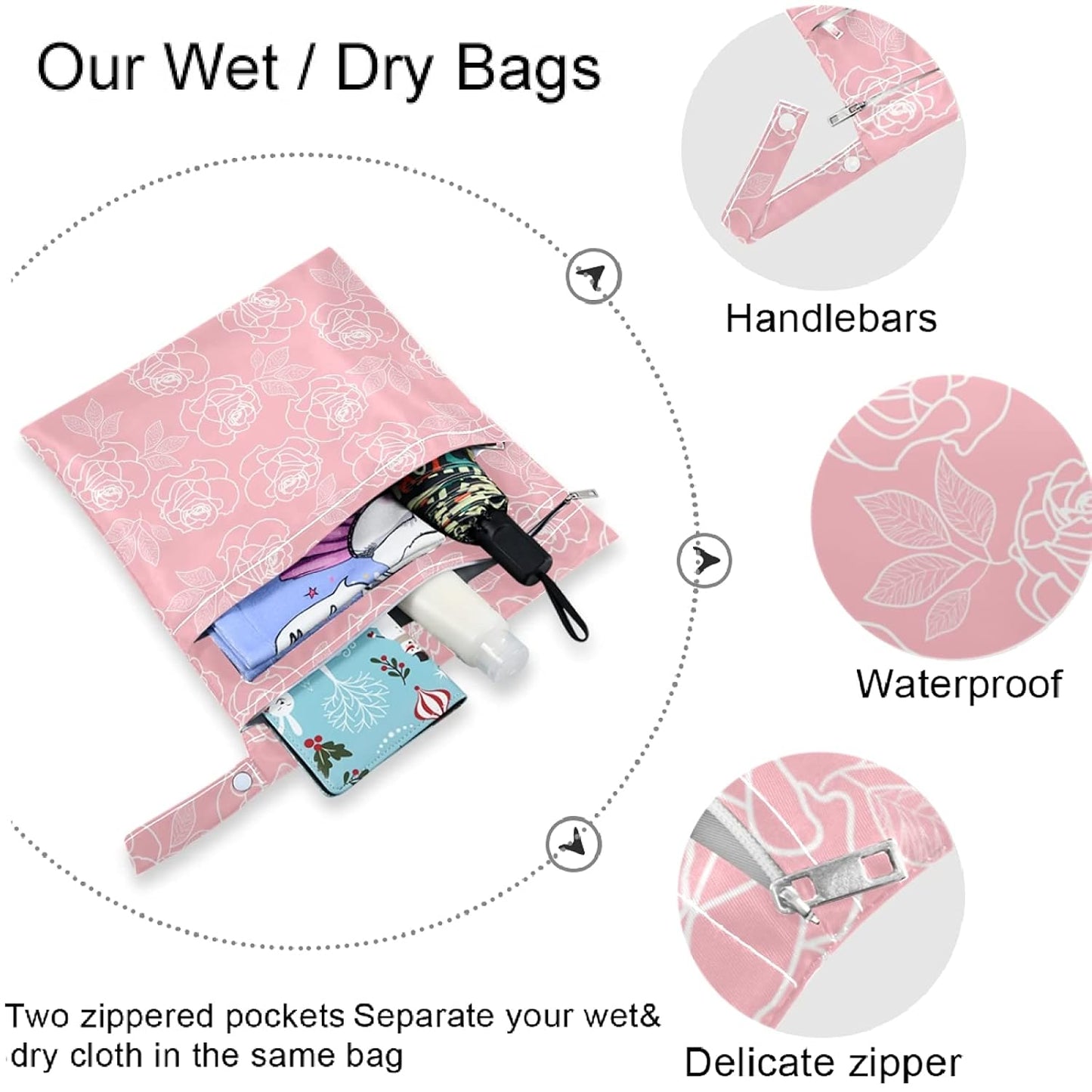 visesunny Contour Lines White Abstract Flower Pink Pattern 2Pcs Wet Bag with Zippered Pockets Washable Reusable Roomy for Travel,Beach,Pool,Daycare,Stroller,Diapers,Dirty Gym Clothes, Wet Swimsuits, T