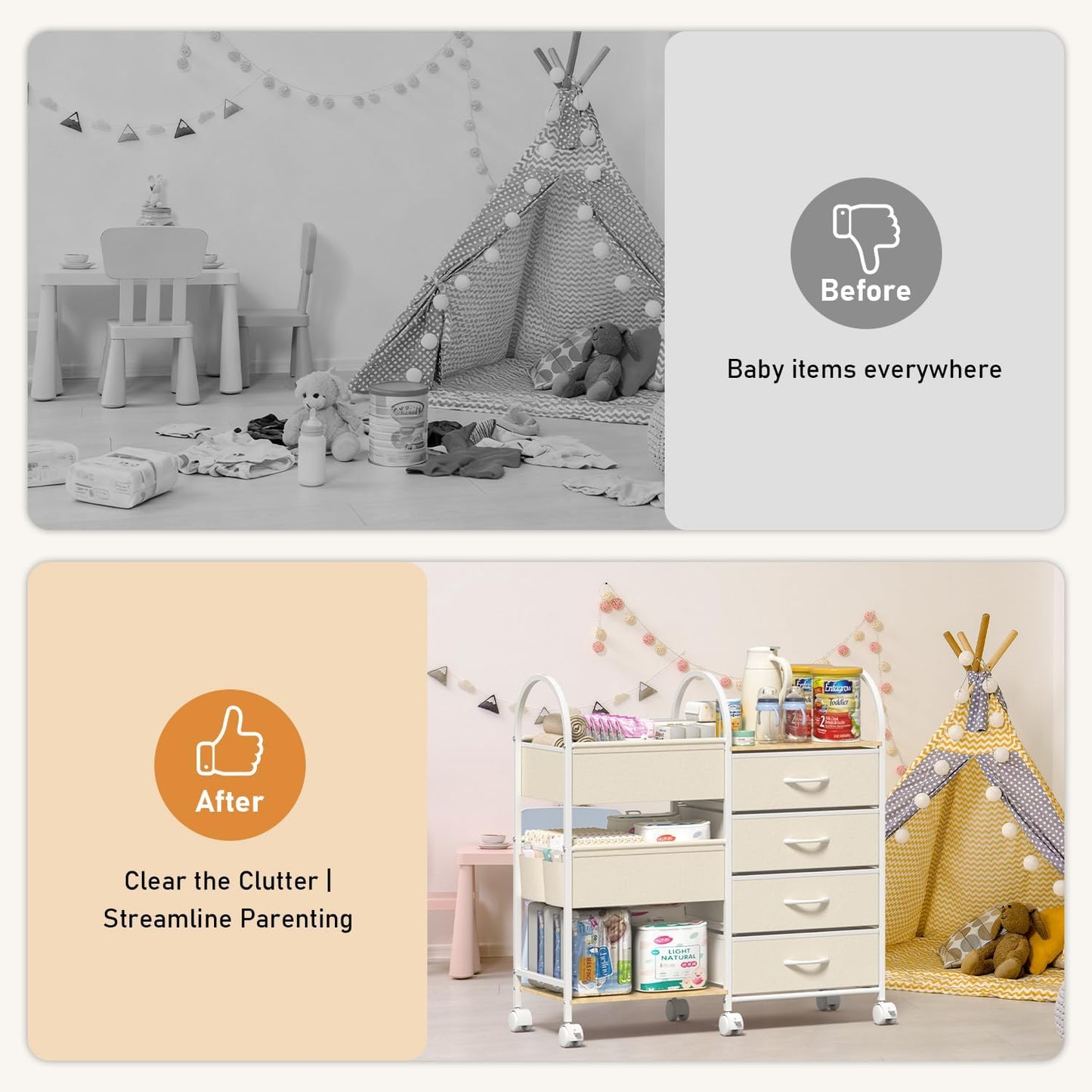 Baby Diaper Caddy Organizer Cart with Wheels, 4-Tier Rolling Diaper Cart with Dividers and Drawers, Multi-Layer Nursery Storage for Diapers & Baby Essentials