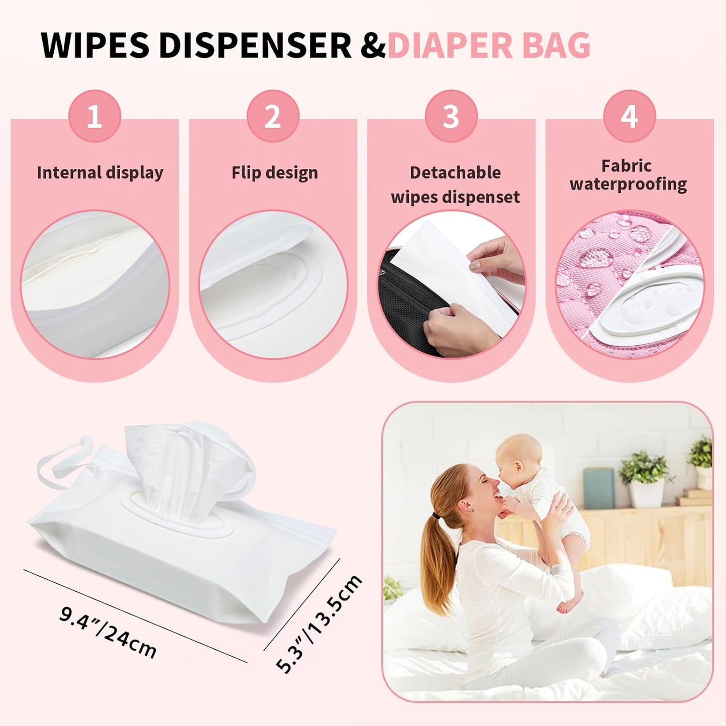 Diaper Bag Organizer with 2 Pieces Wipes Dispensers, Portable Stroller Mini Diaper Bag Pouches Travel Gear, Foldable Newborn Baby Essentials, Small Clutch, PInk