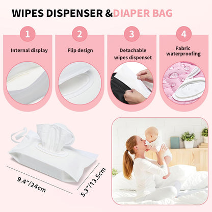 Diaper Bag Organizer with 2 Pieces Wipes Dispensers, Portable Stroller Mini Diaper Bag Pouches Travel Gear, Foldable Newborn Baby Essentials, Small Clutch, PInk