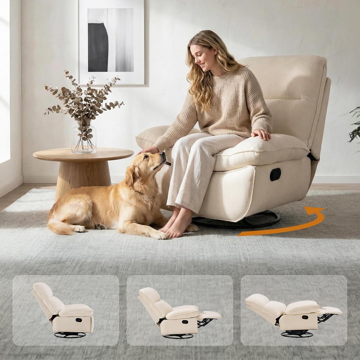 Furnimart Swivel Oversized Recliner Chair, Extra Wide Manual Recliner Chair for Adults, Nursery Glider Rocking Chair Comfy Reading Chair with Side Storage for Living Room, Chenille Burnt Orange