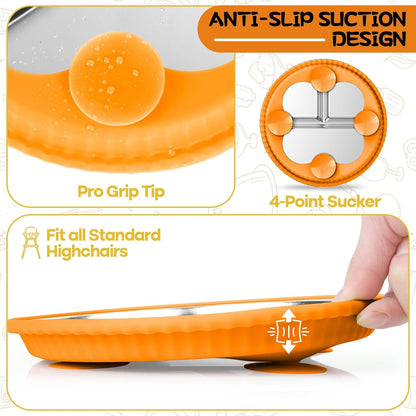 Stainless Steel Kids Plates with Suction, 2Pack 9" Divided Toddler Plates Removable Non Slip Silicone Sleeves Baby Feeding Led Weaning Supplies, BPA Free, Unbreakable Dishwasher Safe