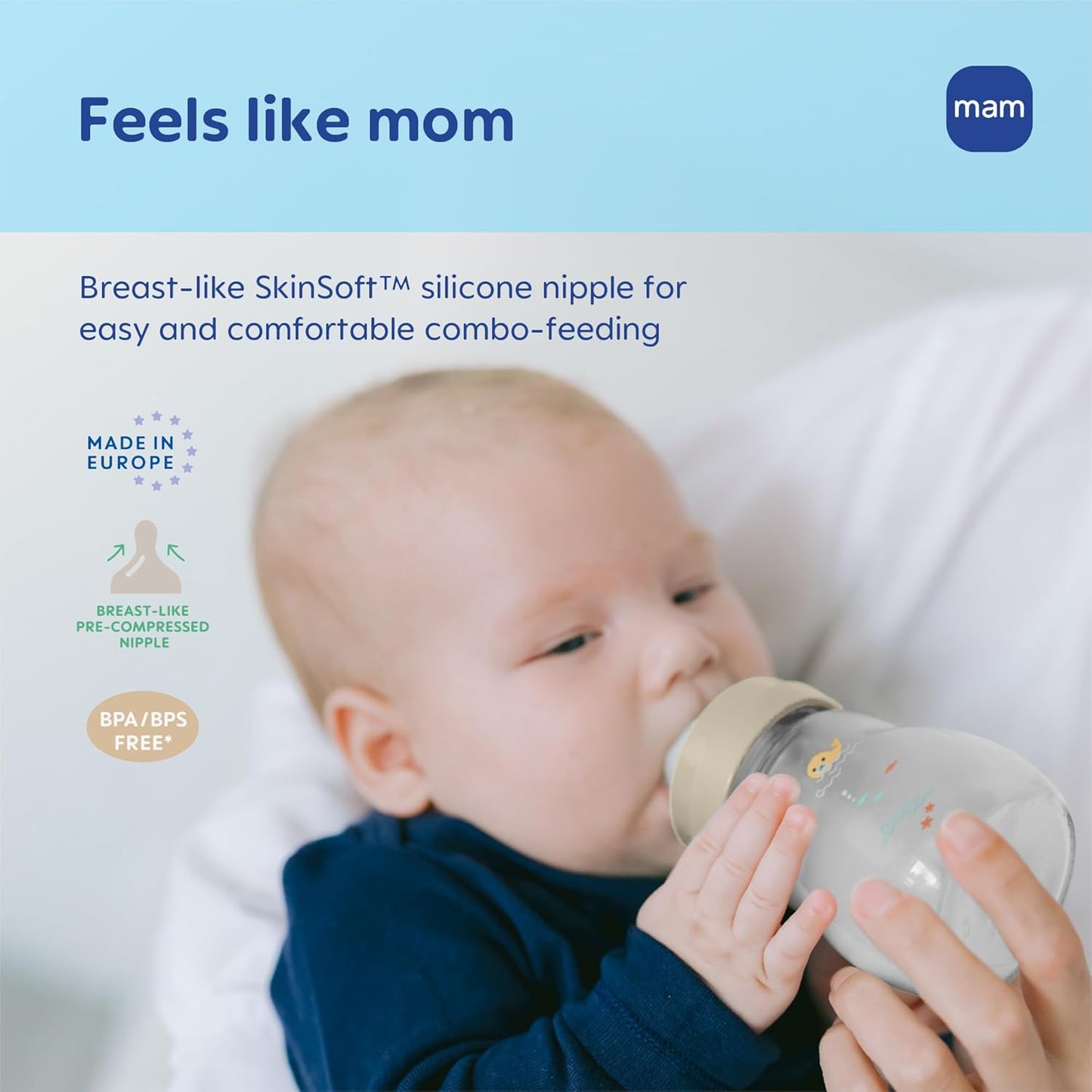 MAM 9oz Feel Good Pure Glass Anti-Colic Wide Neck Baby Bottle, Medium Flow Skin Soft Silicone Nipple, Easy to Clean, BPA Free, 2+ Months, Easy Switch Between Breast & Bottle, Made in Europe, 3 Pack
