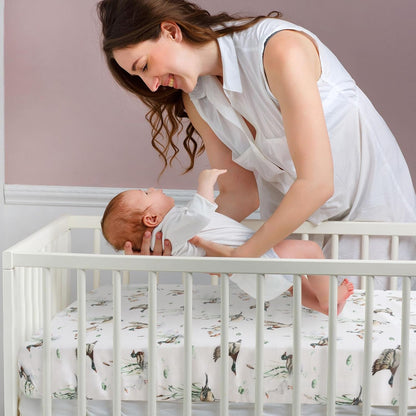 LifeTree Crib Sheets for Baby Unisex - Muslin Fitted Crib Sheets Toddler Bed Sheet, 70% Viscose from Bamboo and 30% Cotton, Fits Mini Crib & Pack and Play Playard, Bear, 26in x 38in