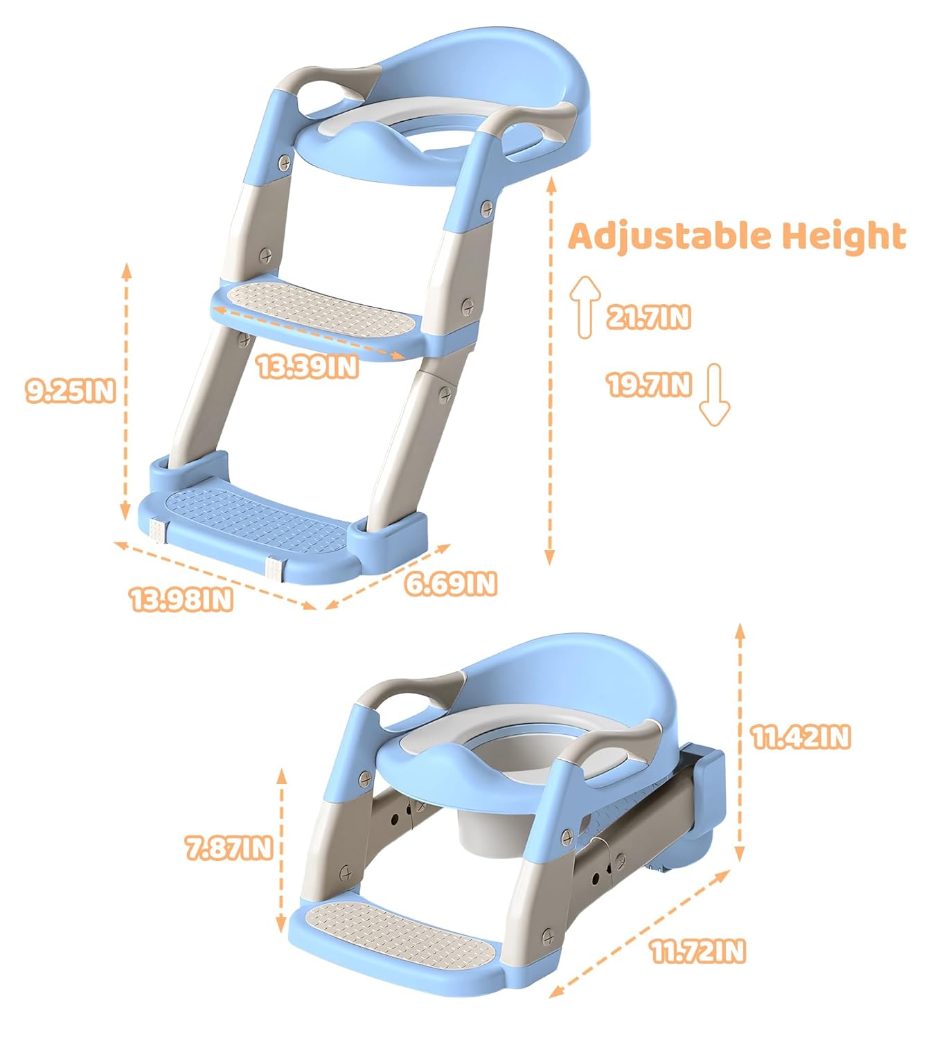 2-in-1 Toddler Potty Training Toilet Seat with Step Stool Ladder – Adjustable Height Potty Chair Urinal for Baby Boys Girls Age 1-3, Foldable Training Potty with Splash Guard & Anti-Slip Feet, Grey