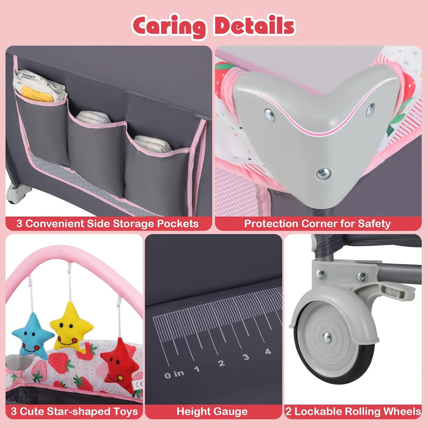 BABY JOY 4 in 1 Pack and Play, Portable Baby Playard with Bassinet, Side Zipper Door, Changing Table, Indoor Outdoor Travel Nursery Center w/Hanging Bar, Lockable Wheels, Carry Bag