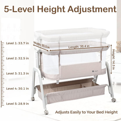 Bedside Bassinet for Baby – Adjustable Height Bedside Sleeper with Full Mesh Sides | 2 Breathable Sheets & Storage Basket | Portable Baby Bassinet for Newborns with Wheels & Bed Attachment