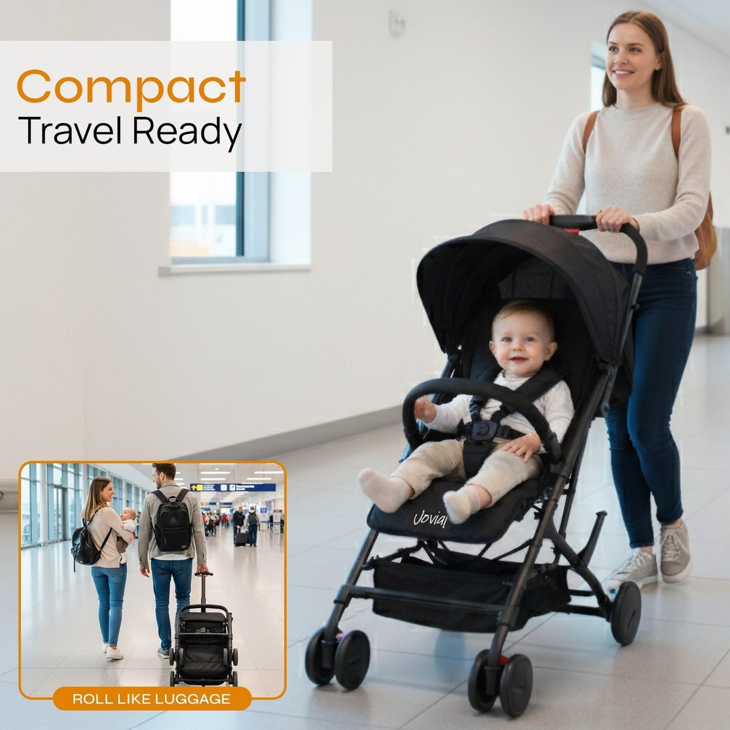 Jovial Lightweight Baby Stroller, Folding Travel Stroller with Reclining Seat, Canopy, 5-Point Safety Harness, Storage Basket, Smooth Wheels, Compact Portable Design (39.8" x 18.7" x 32.3")