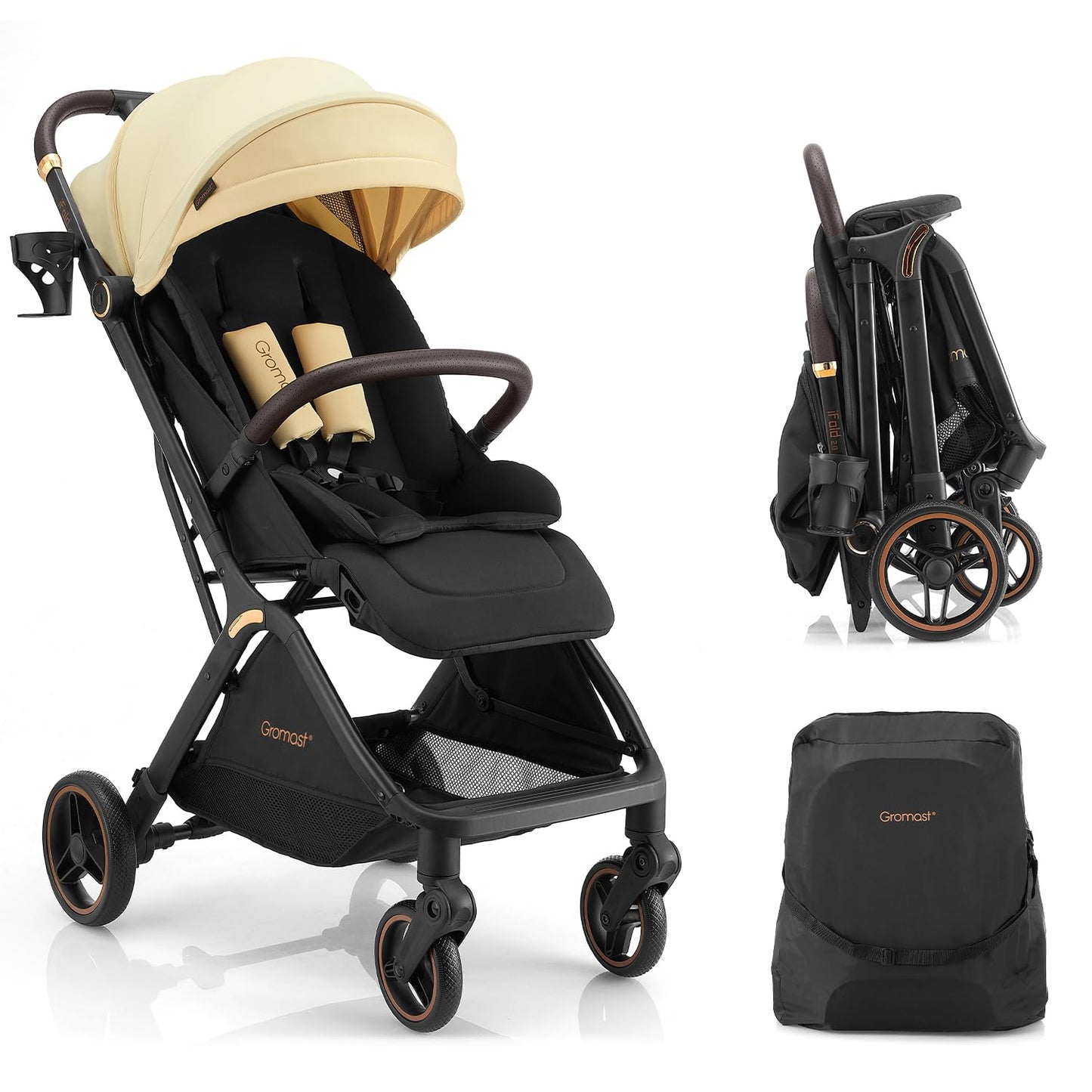 Gromast Gravity Folding Baby Stroller - Portable Travel Toddler Stroller w/Adjustable Backrest, Canopy & Cup Holder, Lightweight and UV Protected, One-Hand Automatic Folding - Green