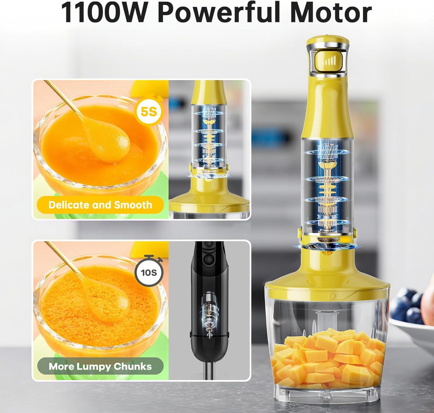 Turelar Immersion Blender Handheld Corded Hand Blenders Set 1100W, Trigger Variable Speed 5 in 1 Stick Emulsifier with Chopper, Whisk and Frother for Soup, Baby Food and Smoothies, Orange