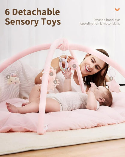 ANGELBLISS Baby Play Gym Mat, Reversible Tummy Time Mat with 6 Sensory Toys for Stage-Based Developmental, Thick & Large Baby Activity Center from Newborn to Toddler (Pink)