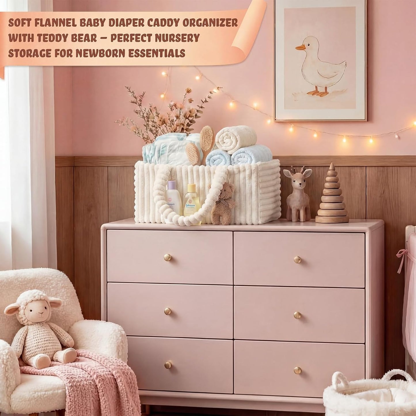 Flannel Baby Diaper Caddy Organizer with Teddy Bear, Baby Shower Gift Basket with Handle, Portable Nursery Storage Basket Bin for Diapers, Wipes, Newborn Essentials (White)