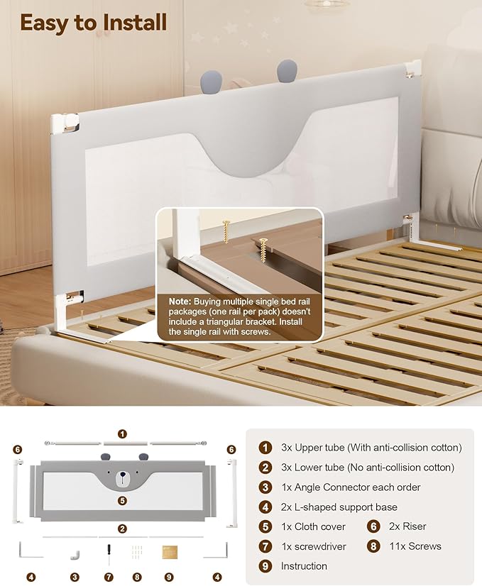 Baby Bed Rail Guard for Toddlers, Reinforced 54in Toddler Bed Rails for Full Bed with Height Adjustable, Extral Tall Child Safety Side Railing Guards/Bedrail for Kids, Grey Bear, 1 Side 54" Lx28 H