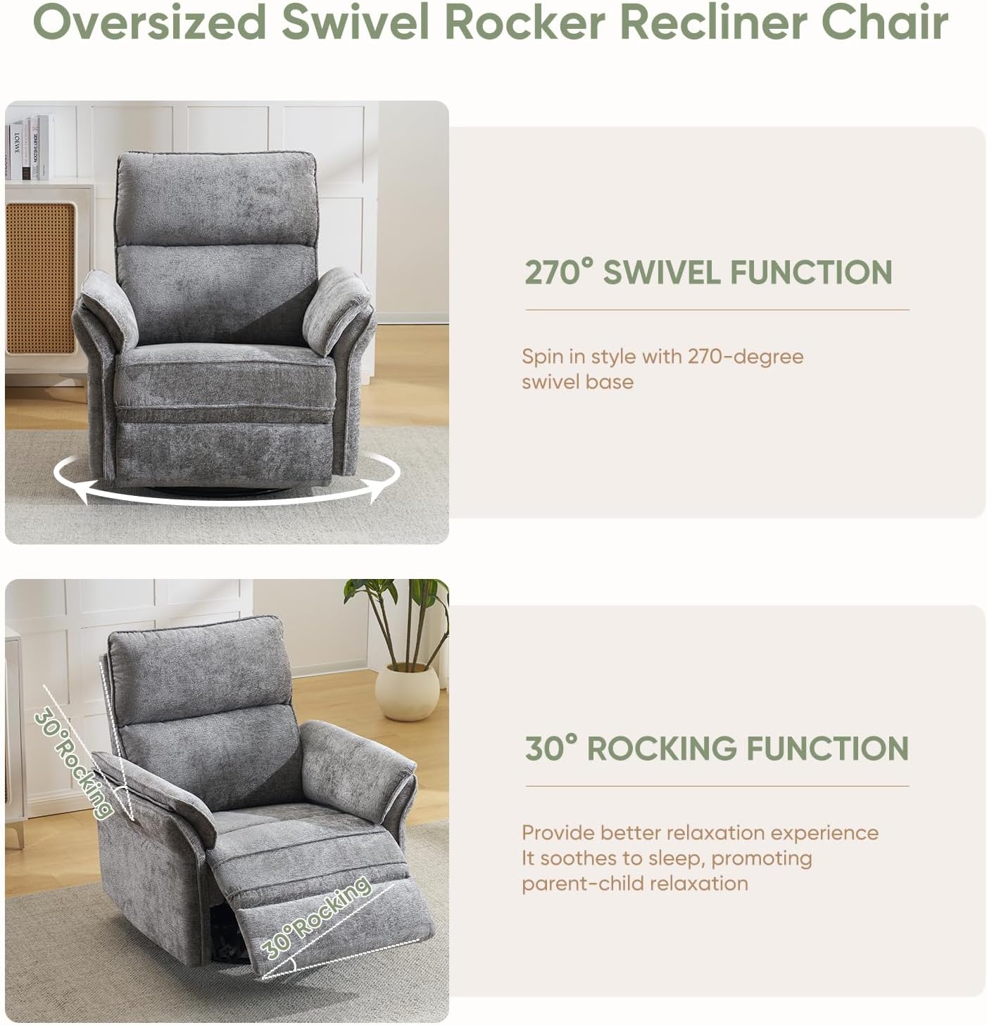 Oversized Glider Rocker Recliner, 26" Extra Wide 360° Swivel Nursery Recliner with Adjustable Headrest, Chenille Rocking Nursery Chair with Overstuffed Armrest, Lumbar Support, Light Grey