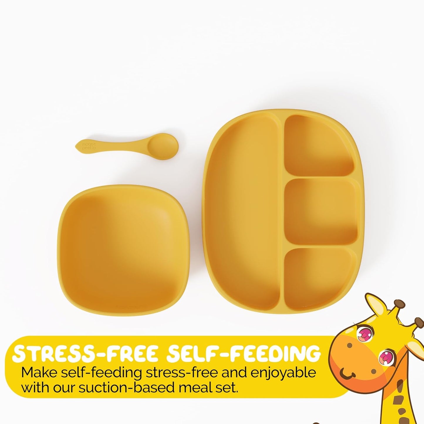 Baby Feeding Set by Muqee Peeko as a Baby Feeding Essentials in Baby Apricot Color with Baby Suction Plates for Toddlers, Baby Bowls with Suction and Baby Spoon (3 Piece Set)