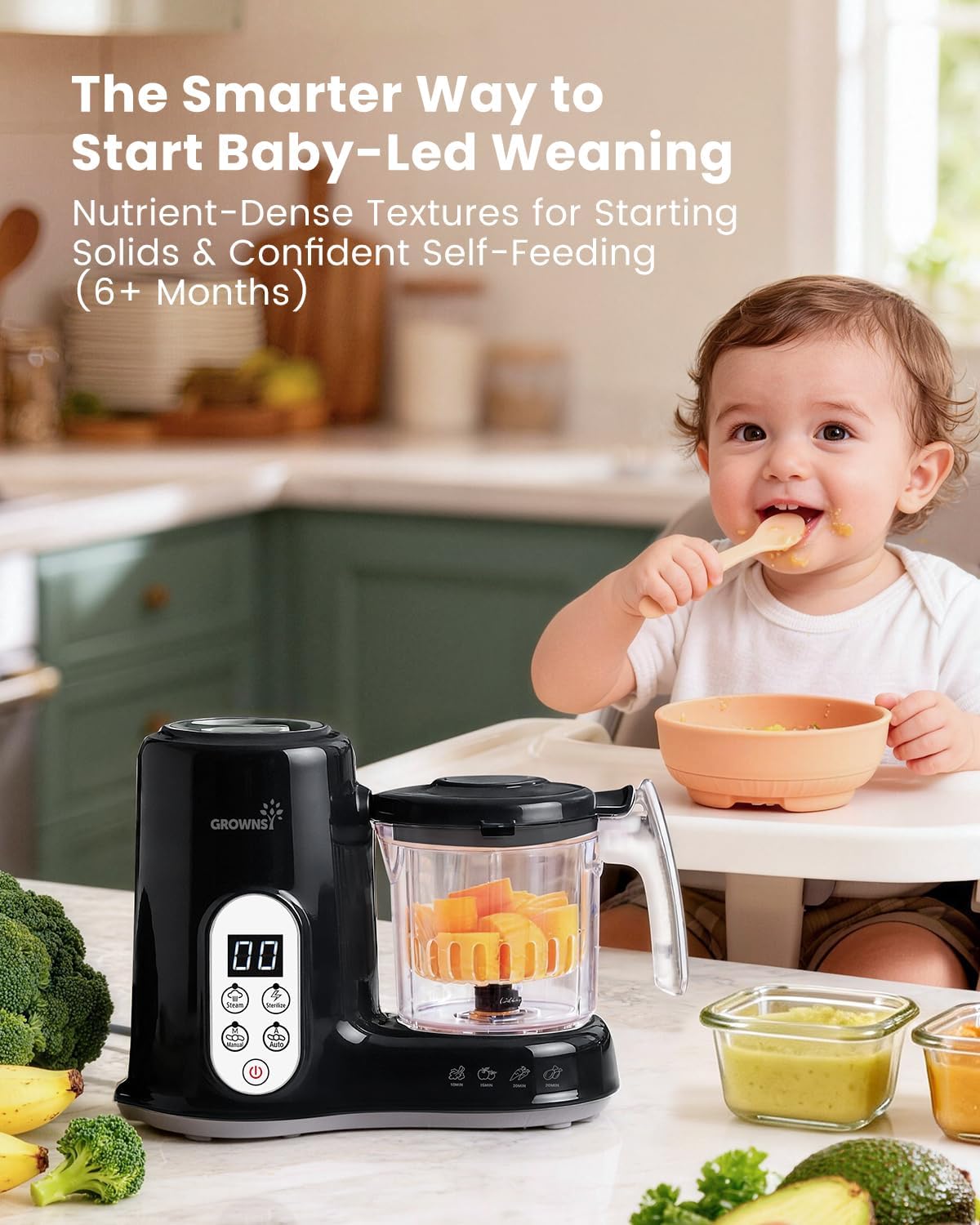 Grownsy Baby Food Maker with Steam Basket, One Step Baby Food Processor Steamer Puree Blender Grinder Mills Machine, Auto Cooking Grinding and Sterili-zing for Healthy Homemade Baby Food, Blue