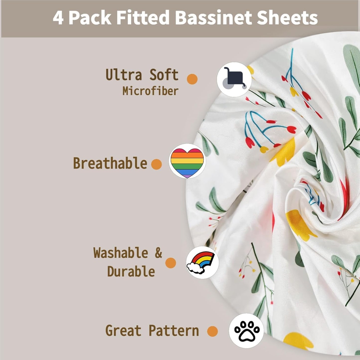 4 Pack Bassinet Sheets (19" x 33"), Compatible with Baby Delight, BabyBond, Dream On Me and Most Rectangle Bedside Sleeper Bassinet Mattress, Soft and Skin-Friendly, Mint Green and Color Rainbow