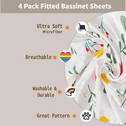 4 Pack Bassinet Sheets (19" x 33"), Compatible with Baby Delight, BabyBond, Dream On Me and Most Rectangle Bedside Sleeper Bassinet Mattress, Soft and Skin-Friendly, Mint Green and Color Rainbow