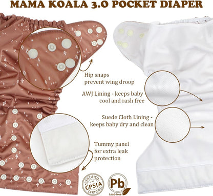 Mama Koala 3.0 Pocket Cloth Diapers for Babies with AWJ Lining, 6 Pack with 6 4-Layer Natural Cloth Diaper Inserts - Reusable and Washable Pocket Diapers(Hardworking Bees) - Colors A