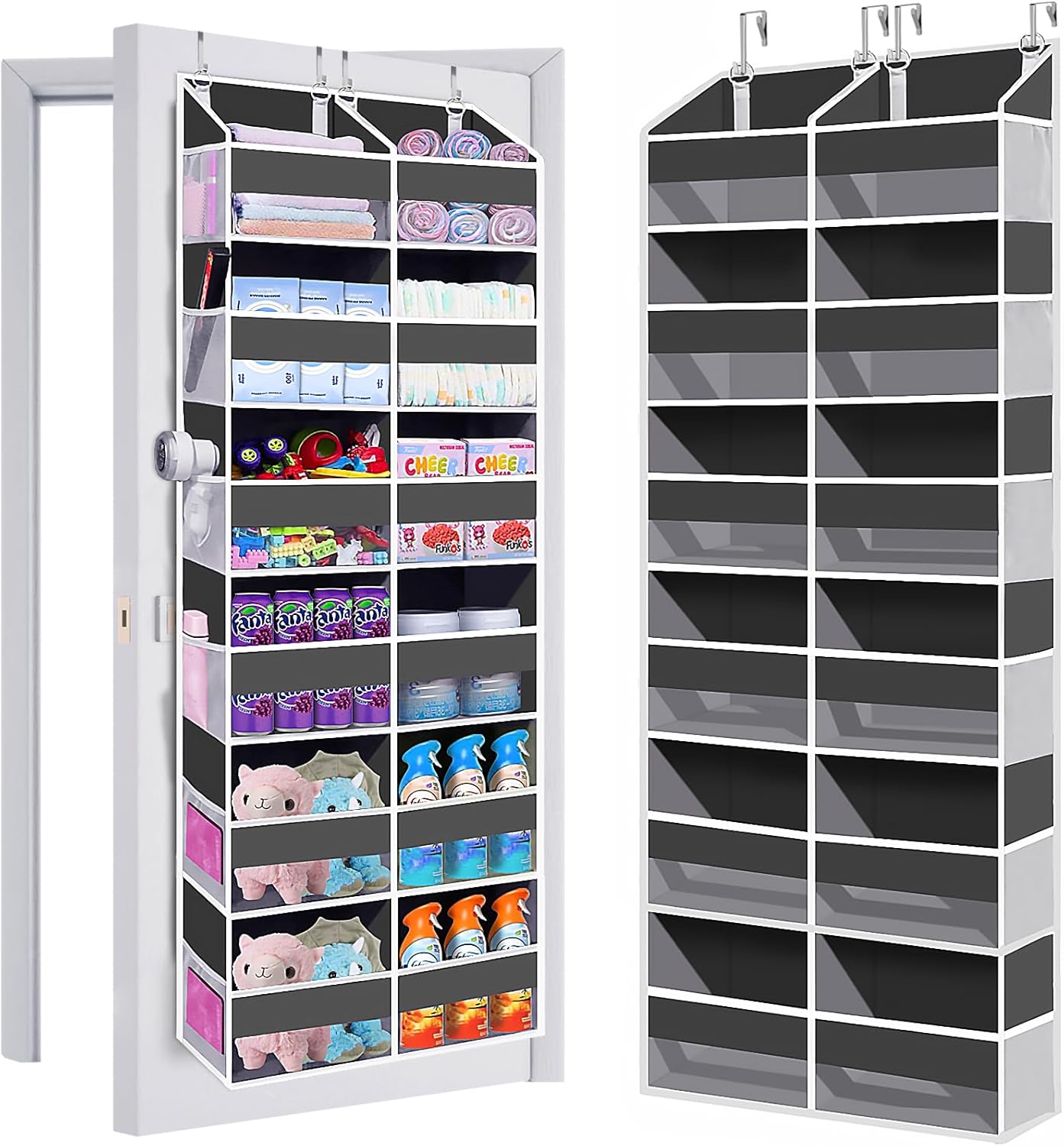 Heavy Duty Over The Door Organizer 5 Tiers, Extra Large Behind Door Storage of 10 Big Front & 10 Mesh Pockets, 80lb Weight Capacity, Hanging Doors Storage Organizer for Closet Bedroom Nursery, Grey