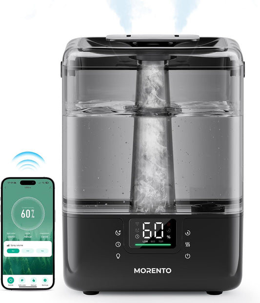 MERONTE Smart Humidifiers for Bedroom Large Room Home, 6L Cool Mist Top Fill Humidifier with Essential Oil Diffuser, Smart App & Voice Control, for Nursery & Plants, Black, 1 Pack + 7 Color NightLight