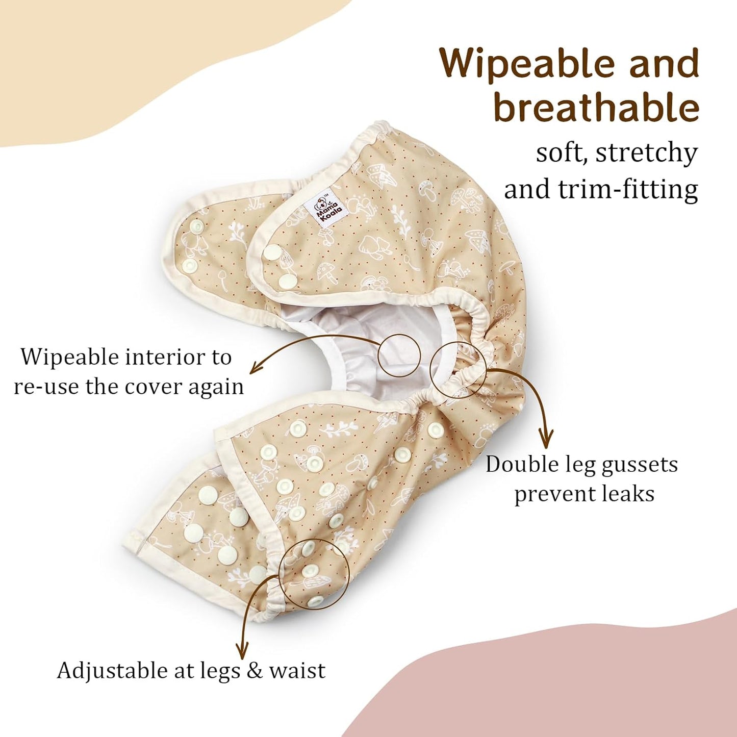 Mama Koala Reusable Adjustable Cloth Diaper Covers with Double Gusset for Girls and Boys, Snap Closure, Size M(Simply Neautrals)