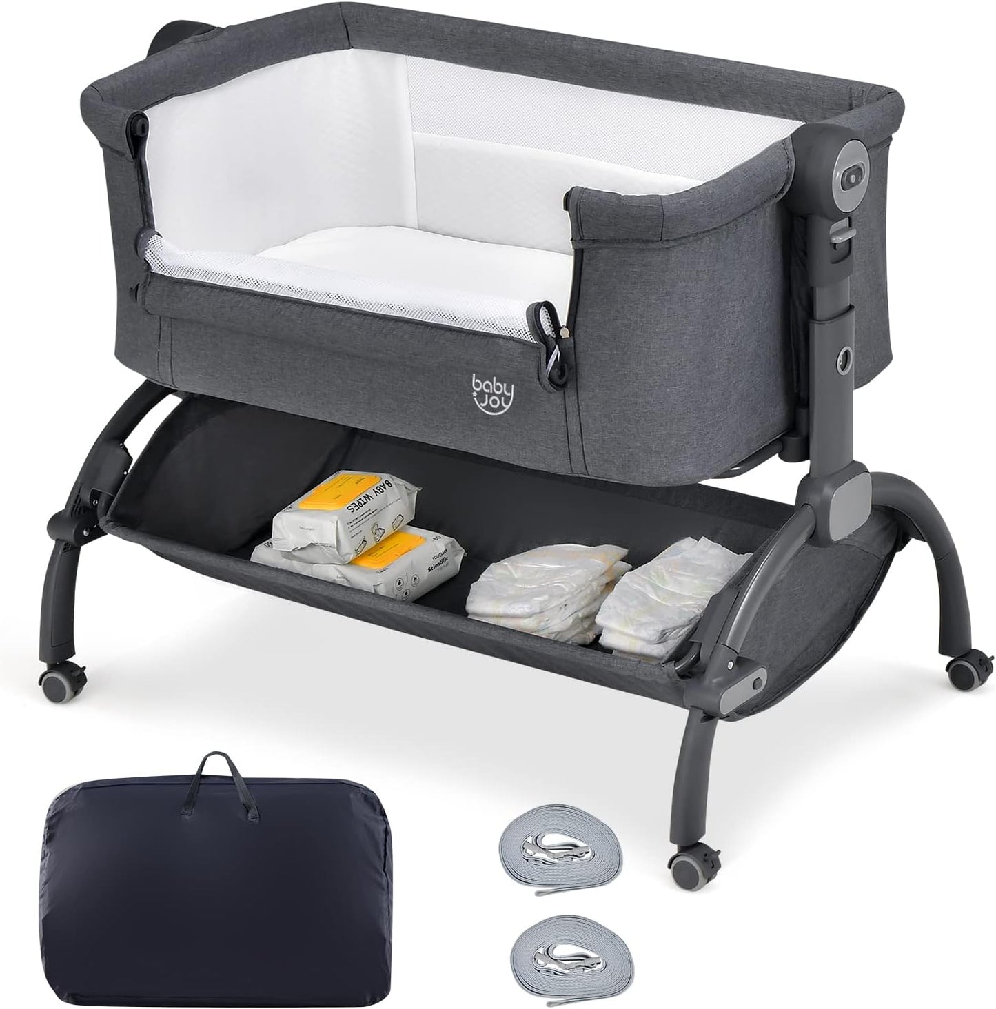 BABY JOY Baby Bassinet, 3-in-1 Rocking Bassinet w/Storage Basket, Double-Lock Design, 7 Adjustable Heights, Soft Mattress & Portable Travel Bag, Bassinet Bedside Sleeper for Newborns Infants (Beige)