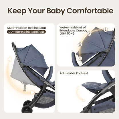 Beberoad Lightweight Baby Stroller for Airplane R2 Small Travel Stroller Compact Strollers Foldable, Infant Toddler Stroller with Adjustable Backrest, Cup Holder and Waterproof Canopy, Black