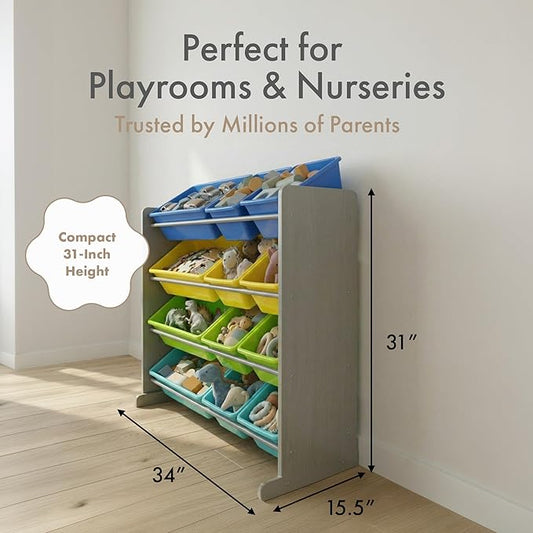 Humble Crew Kids Toy Storage Organizer with 12 Plastic Bins, Grey/Blue/Green/Yellow – Removable Bins for Playroom, Bedroom, Toddler Furniture for Boys and Girls Ages