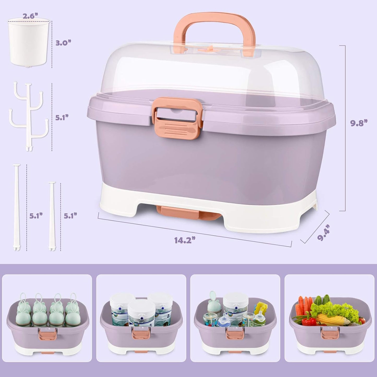 NiHome Portable Baby Bottle Drying Rack with Anti-Dust Lid, Cutlery Organizer and Drain Board - Easy-Carry Handle for Home, Kitchen, Travel and Outdoors (Pink)