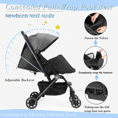 Rollingsurfer Lightweight Baby Stroller, Compact Travel Stroller with Retractable Foot Cover & Sleep Shade, One Hand Fold Stroller, Toddler Pushchair Adjustable Seat for Airplane 0-36 Months