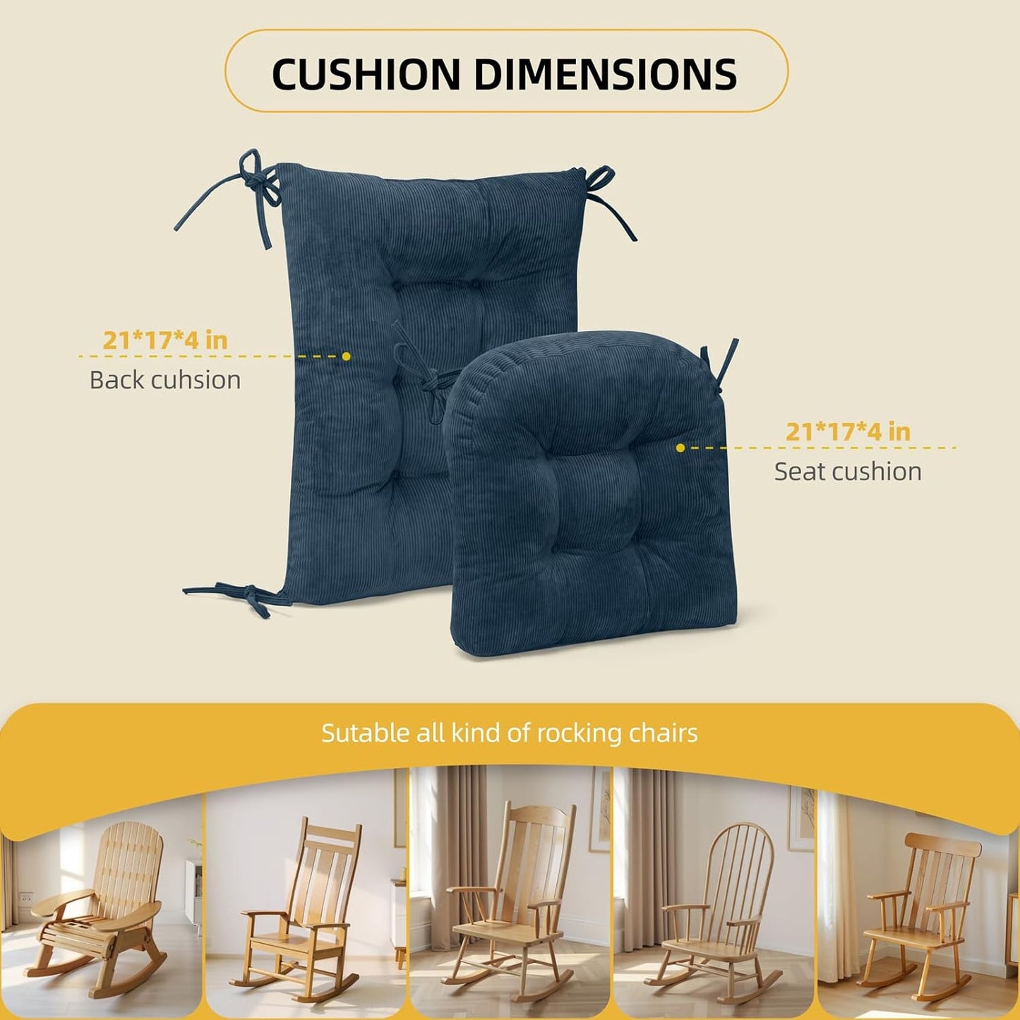 Millsilo Rocking Chair Cushions 3-Piece Set with Neck Pillow, Indoor Rocker Comfortable Tufted Non-Slip Pads with Ties, High-Density Foam Cushion for Adirondack Glider Chair, Orange, 52 x 19 x 4 Inch