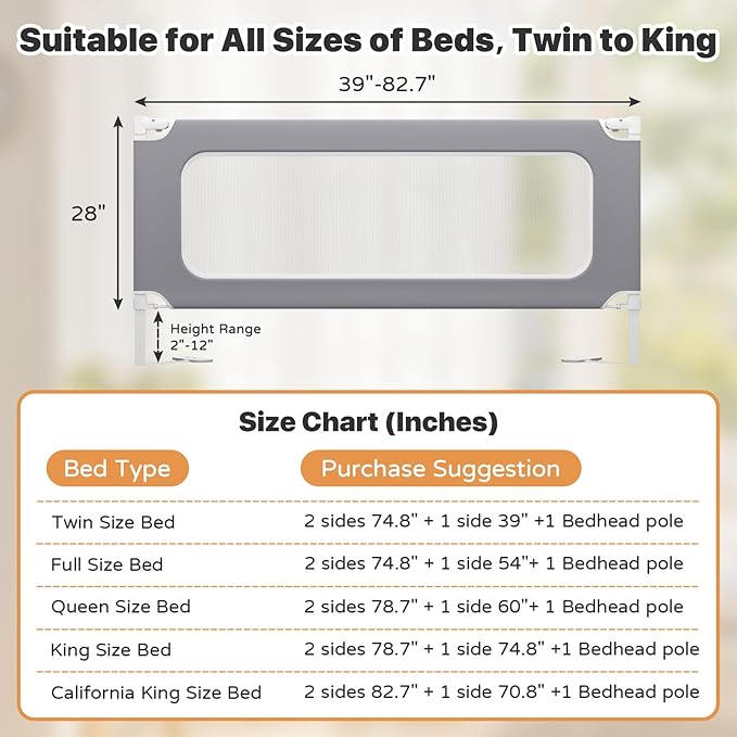 MagicFox 3 Piece Full Size Bed Rail for Toddlers, Upgraded Height Adjustable Baby Bed Rail Guard, Thickened Child Safety Bed Rails for Full Size Beds (74.8"x74.8"x54" Gray)