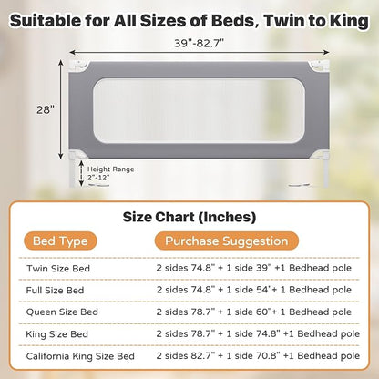 MagicFox 3 Piece Queen Size Bed Rail for Toddlers,Upgraded Height Adjustable Baby Bed Rail Guard, Thickened Child Safety Bed Rails for Queen Size Beds (78.7"x78.7"x60" Gray)