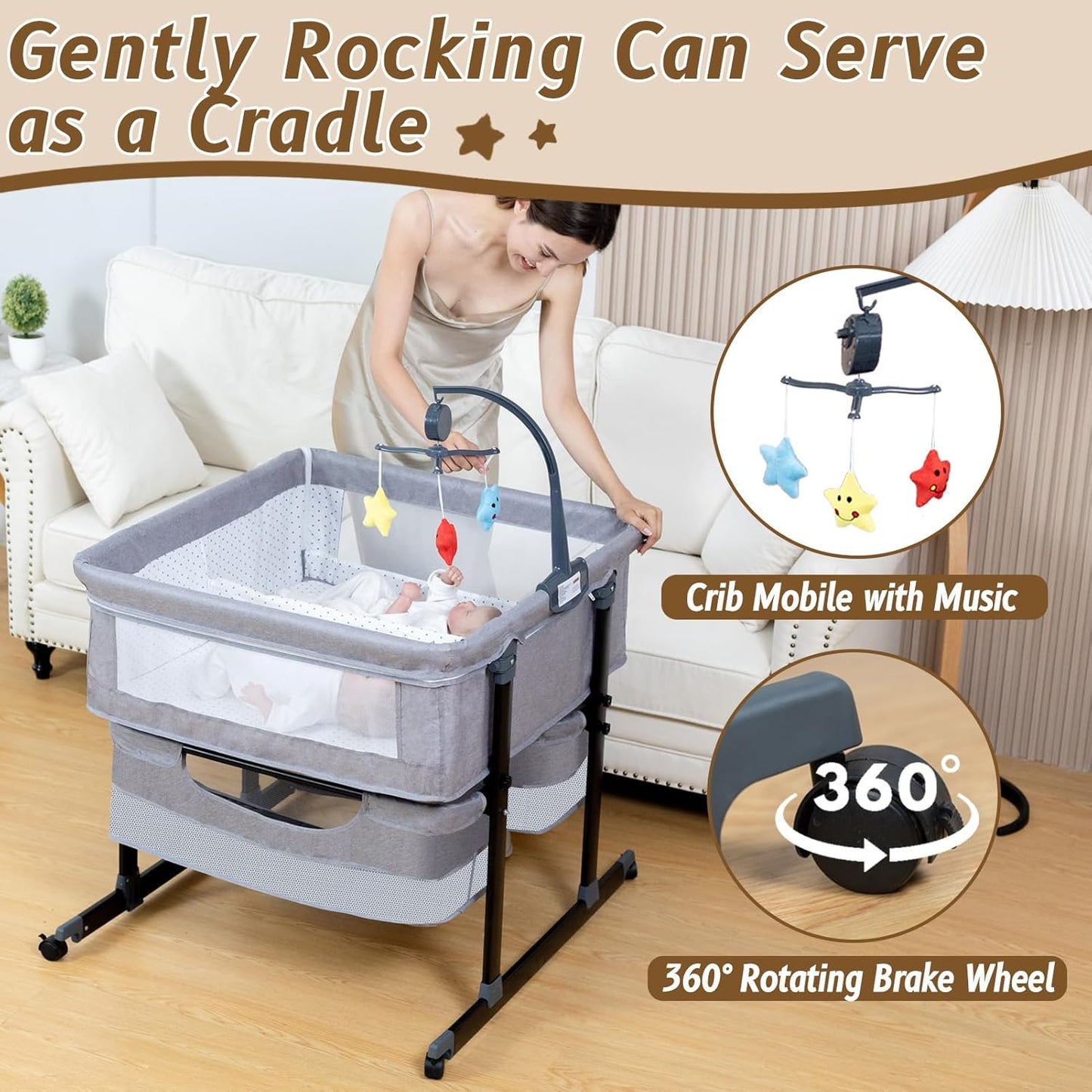 Twin Bassinet for 2 Babies, Double Bassinet for Twins with Music Toys, Mosquito Net & Storage Basket Portable Foldable Bedside Sleeper for Newborns, Grey | Side By Side Design, Independent Space, Small Space Fit, Safe Co Sleeping, Stable Frame