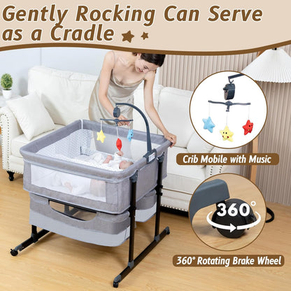 Twin Bassinet for 2 Babies, Double Bassinet for Twins with Music Toys, Mosquito Net & Storage Basket Portable Foldable Bedside Sleeper for Newborns, Grey | Side By Side Design, Independent Space, Small Space Fit, Safe Co Sleeping, Stable Frame