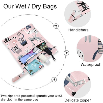 visesunny Leopard Grain 2Pcs Wet Bag with 2 Zippered Pockets Snap Handle Washable Reusable Roomy for Travel,Beach,Pool,Daycare,Stroller,Diapers,Dirty Gym Clothes, Wet Swimsuits, Toiletries