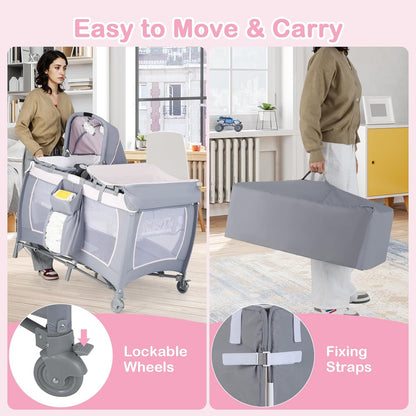 HONEY JOY Pack and Play, 5 in 1 Portable Infant Playpen with Bassinet & Changing Table, Storage Bag, Music Box, Toys, Carry Bag, Nursery Center, Baby Playard Pack n Play Crib for Boys Girls