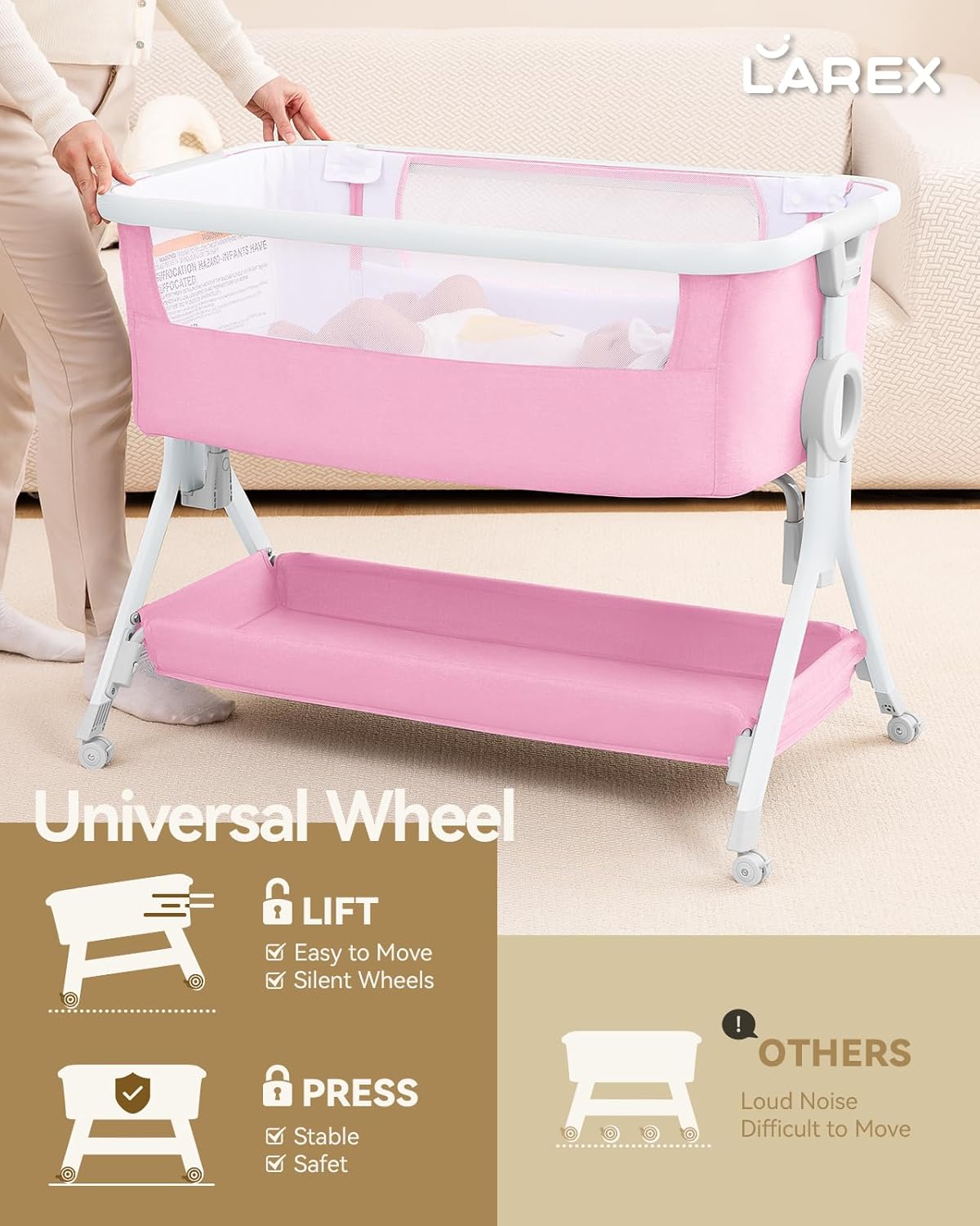 Larex Baby Bassinet Bedside Sleeper Crib Co Sleeper for Newborn Infant Toddler with Mosquito Net, Storage Bag & Basket, 5-Height Adjustable, Movable Wheels, Breathable Mattress & Mesh (Dark Gray)