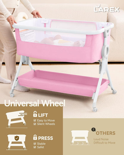 Larex Baby Bassinet Bedside Sleeper Crib Co Sleeper for Newborn Infant Toddler with Mosquito Net, Storage Bag & Basket, 5-Height Adjustable, Movable Wheels, Breathable Mattress & Mesh (Dark Gray)