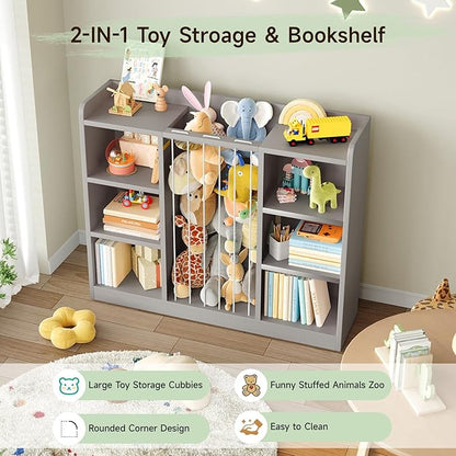 Toddler Stuffed Animal Zoo, Toy Storage Organizer for Playroom, Plush Toy Organizers and Storage, Book Shelf for Kids Rooms, Elastic Band Child Bookcase, Toy Shelf with 8 Storage Cubbies (Grey)