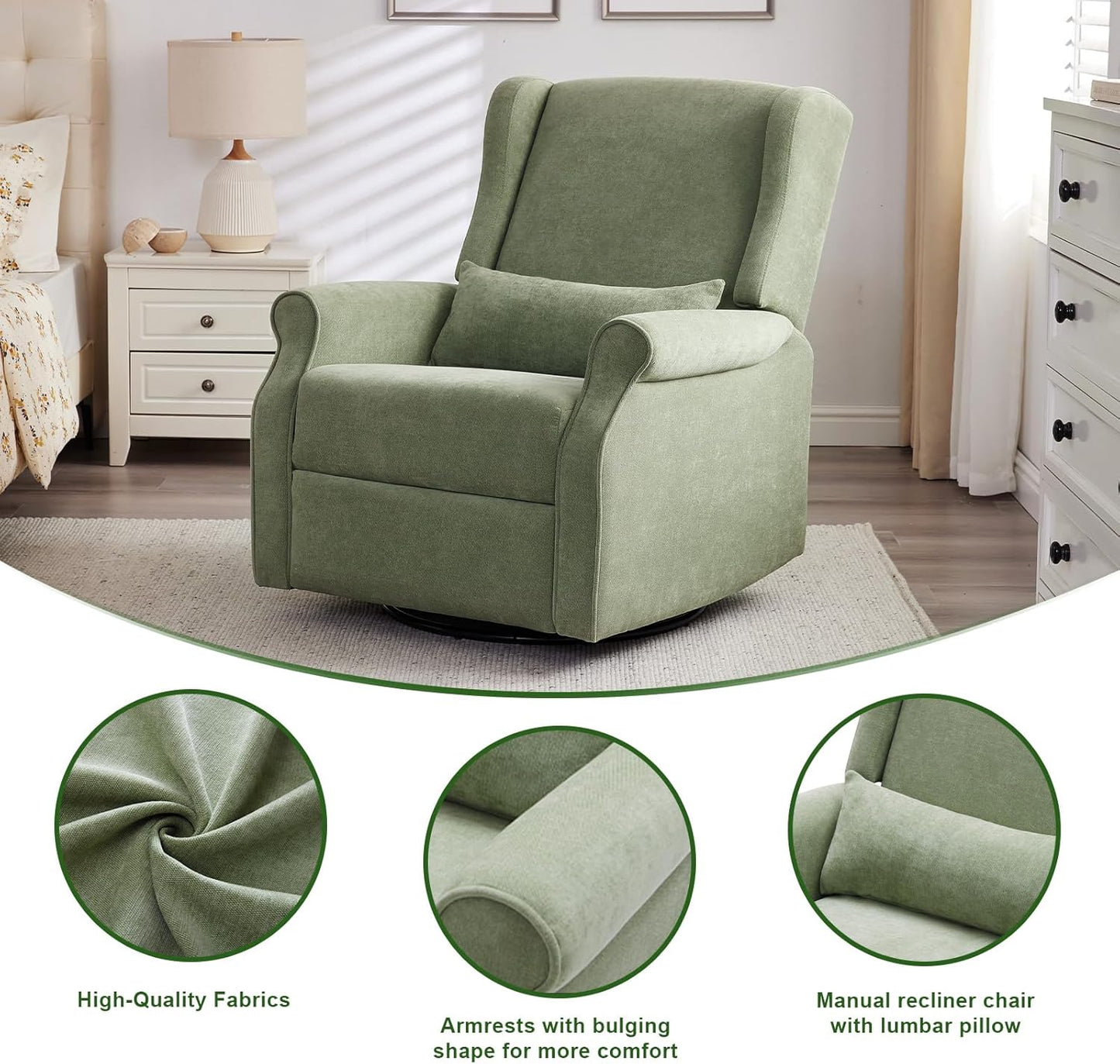 Eiayeebil Nursery Swivel Glider Recliner,Rocking Chair Nursery with Footrest,Rocking Recliner Chair for Nursery,Glider Rocker Recliner for Living Room & Bedroom,Beige