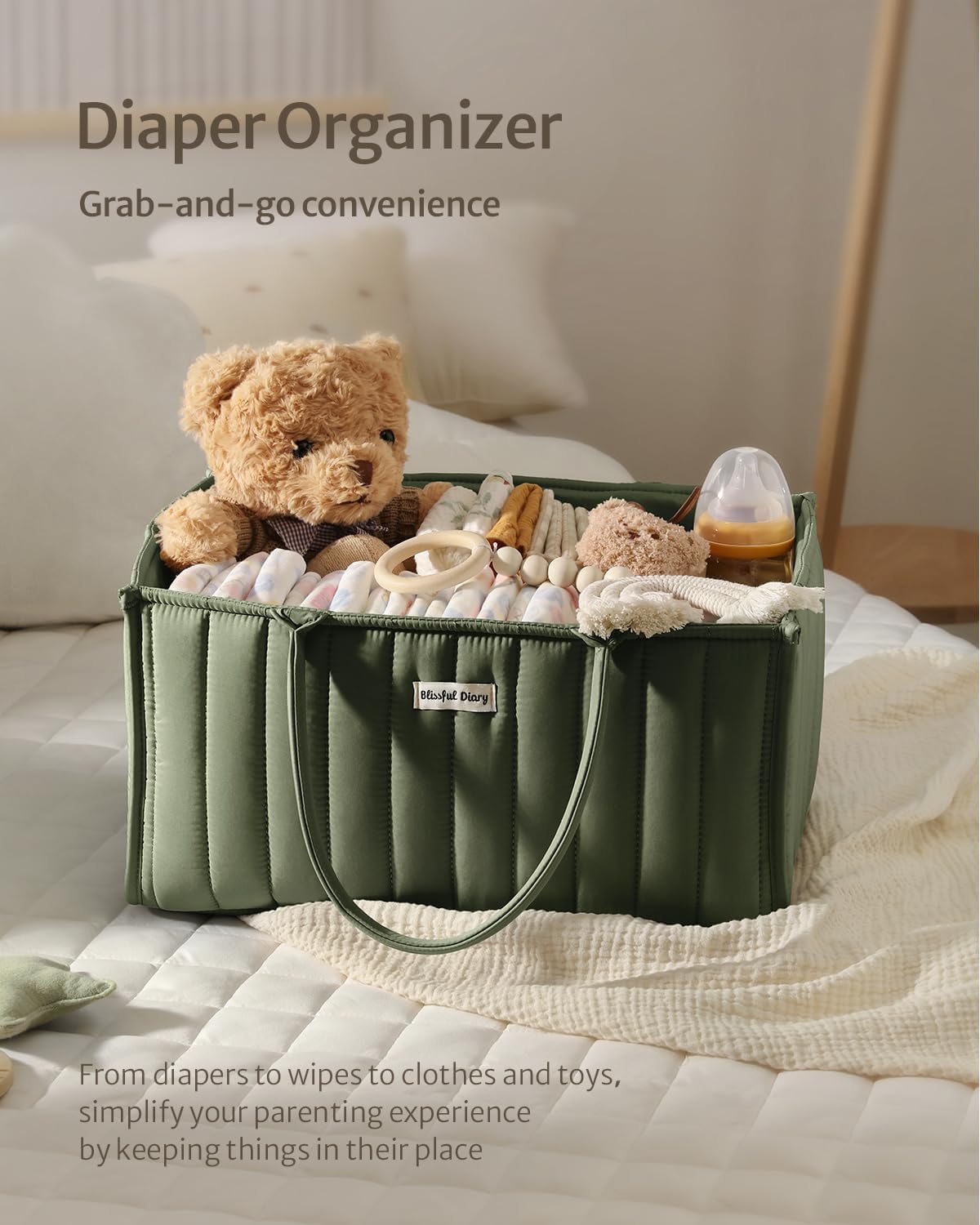 Blissful Diary Baby Diaper Caddy Organizer, Stylish Storage Basket for Newborn Essentials and Diaper Station, Gift for Baby Shower and Registry Must-Have, Mocha Brown